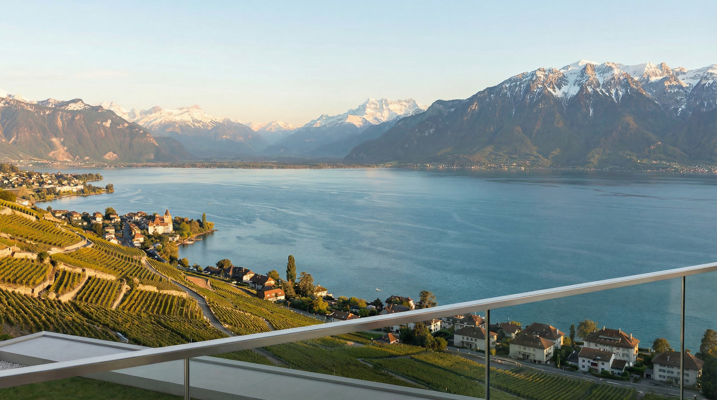 Swiss lakeside view with vineyards and Alps